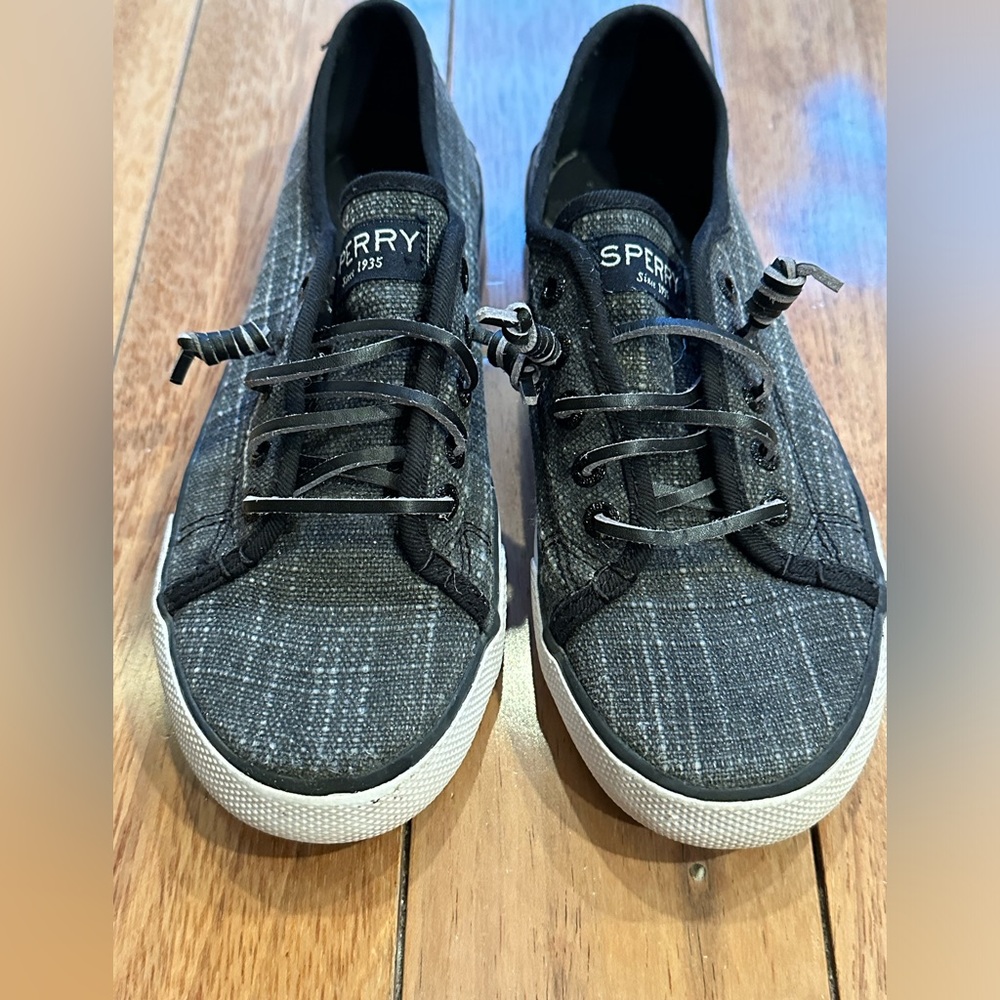 Sperry Seacoast Topsider shoes gray and white sparkle plaid and black trim/laces